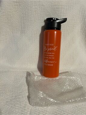Orange Insulated Bottle with Black Flip Lid and White Script